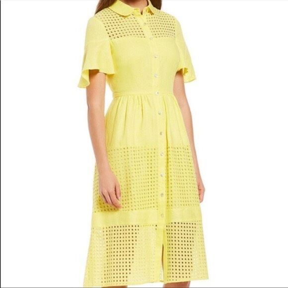Badgley Mischka Eyelet Lace Lemon Daily Dress Linen‎ Washable Embroidered - Picture 1 of 4